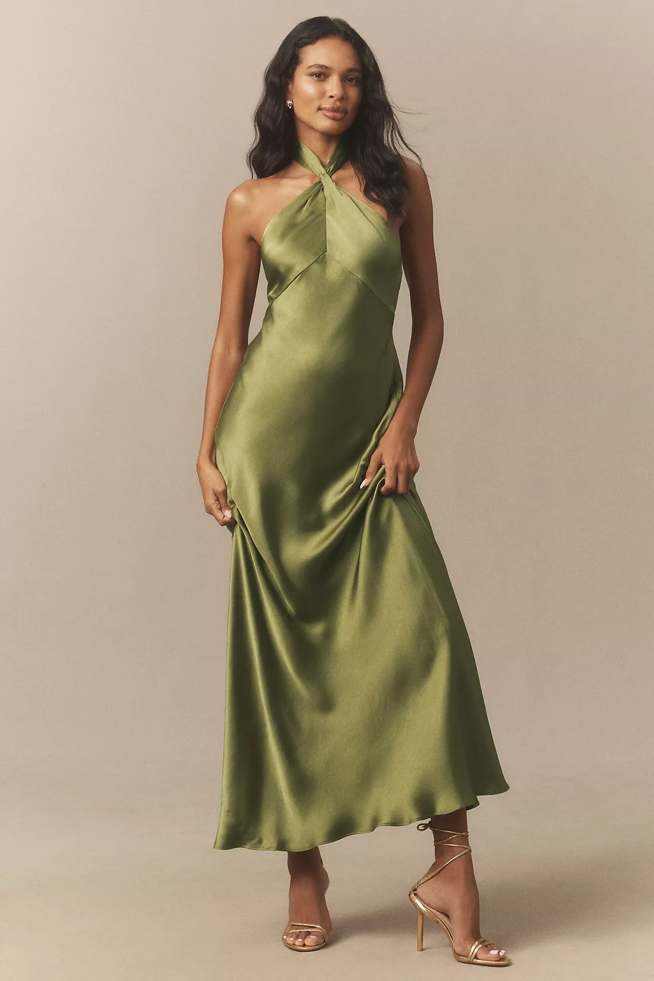 Bhldn Selma Halter-Neck High-Shine Satin Maxi Dress