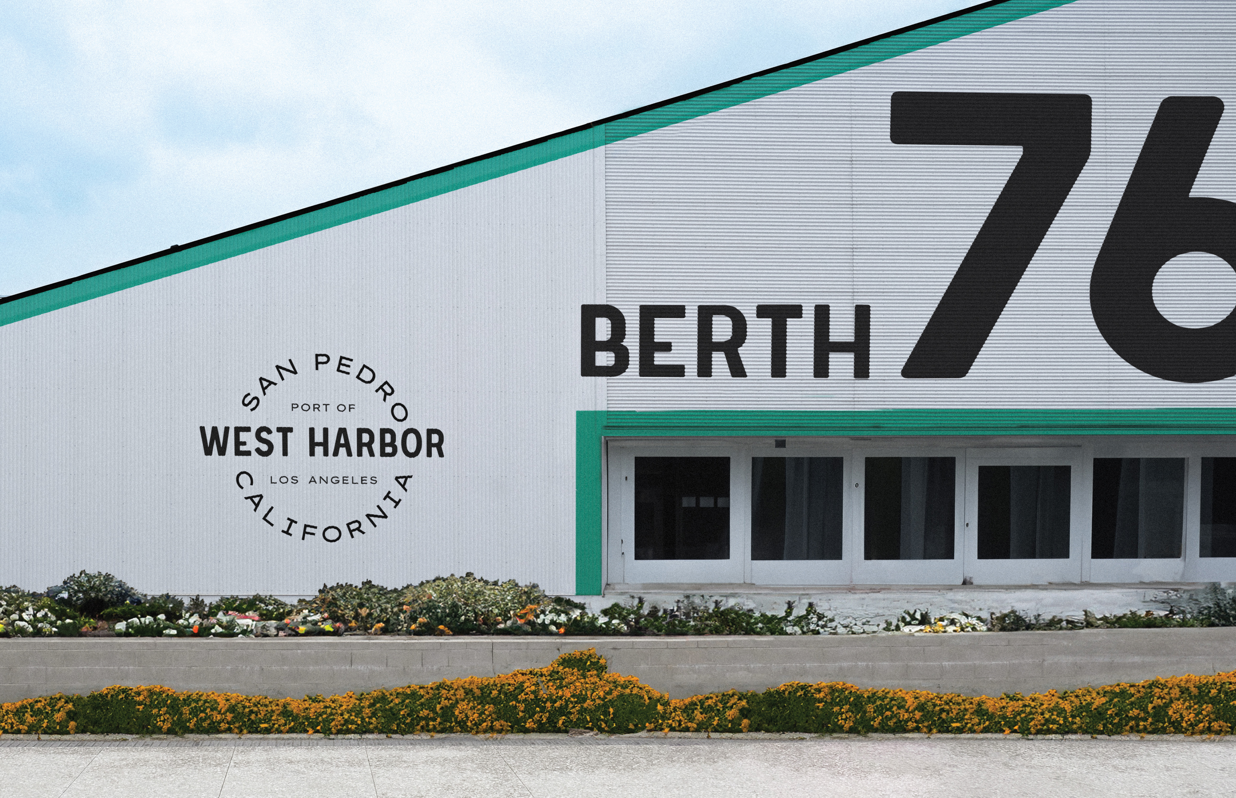 wayfinding for Port of West Harbor California, building with writing on it