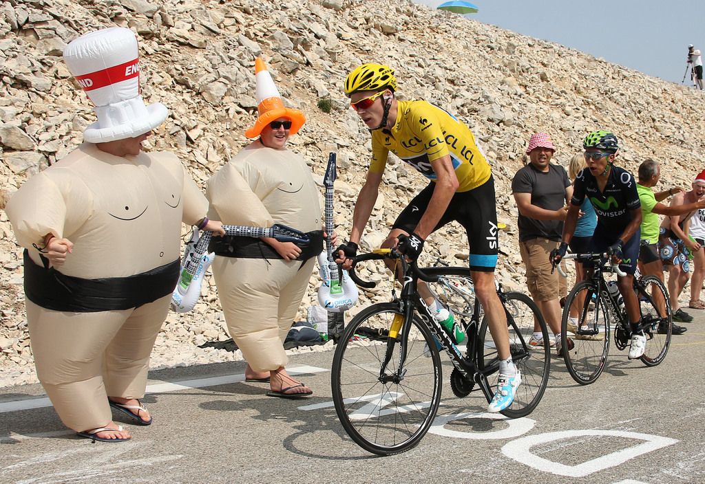 Some sumosuited fans cheer on Chris Froome and Nairo Quintana during the Tour's visit to Mont Ventoux in 2013