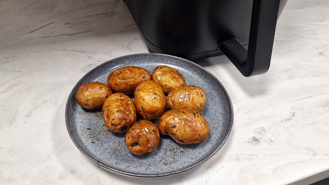 Instant Vortex Slim XL Air Fryer with baked potatoes close up