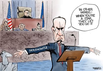 Political Cartoon U.S. Trump Alan Dershowitz Senate impeachment trial celebrity defense
