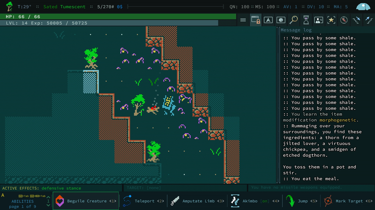 A sapient tree cooks a meal while adventuring in Caves of Qud: Diaspora.