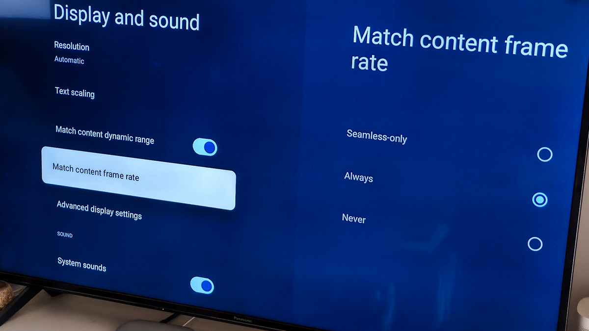 Google TV Streamer 4K match content frame rate option