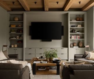 living room with neutral walls, tv mounted on the wall, built-in shelving, brown sofas