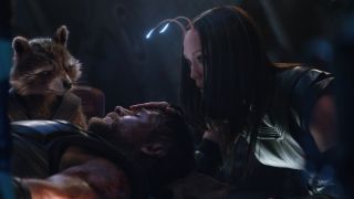 Rocket and Mantis hover over an unconscious Thor in Avengers: Infinity War.