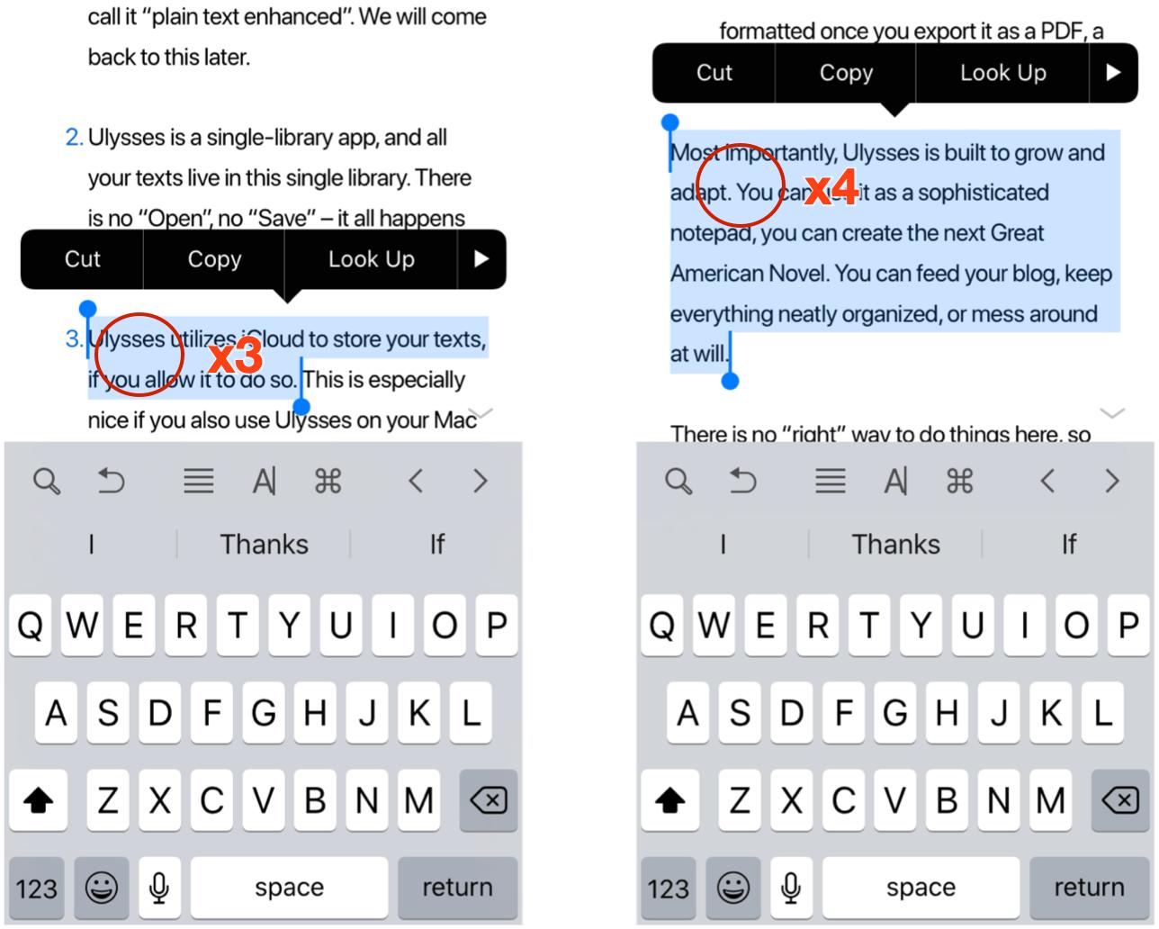 Triple tap for a sentence selection, or quadruple tap for a paragraph