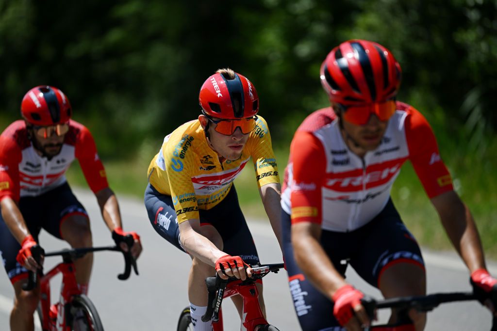 LEUKERBAD SWITZERLAND JUNE 14 Mattias Skjelmose Jensen of Denmark and Team TrekSegafredo Yellow leader jersey compete during the 86th Tour de Suisse 2023 Stage 4 a 1525km stage from Monthey to Leukerbad 1367m UCIWT on June 14 2023 in Leukerbad Switzerland Photo by Dario BelingheriGetty Images