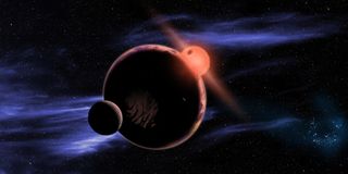 This artist’s conception shows a hypothetical habitable planet with two moons orbiting a red dwarf star. Astronomers have found that 6 percent of all red dwarf stars have an Earth-sized planet in the habitable zone, which is warm enough for liquid water on the planet’s surface. Since red dwarf stars are so common, then statistically the closest Earth-like planet should be only 13 light-years away. Image added Feb. 6, 2013.