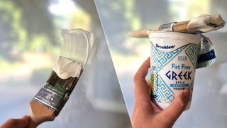 spreading yogurt on a window