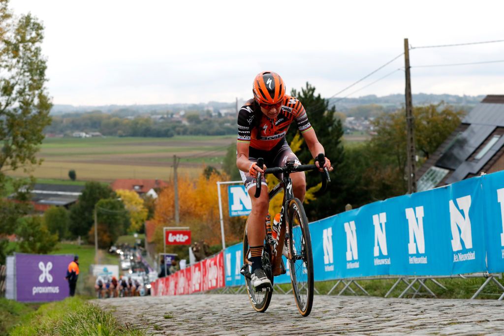 OUDENAARDE BELGIUM OCTOBER 18 Chantal Van Den Broek Blaak of The Netherlands and Boels Dolmans Cycling Team Cobblestones during the 17th Tour of Flanders 2020 Ronde van Vlaanderen Women Elite a 1356km stage from Oudenaarde to Oudenaarde RVV20 FlandersClassic on October 18 2020 in Oudenaarde Belgium Photo by Bas CzerwinskiGetty Images