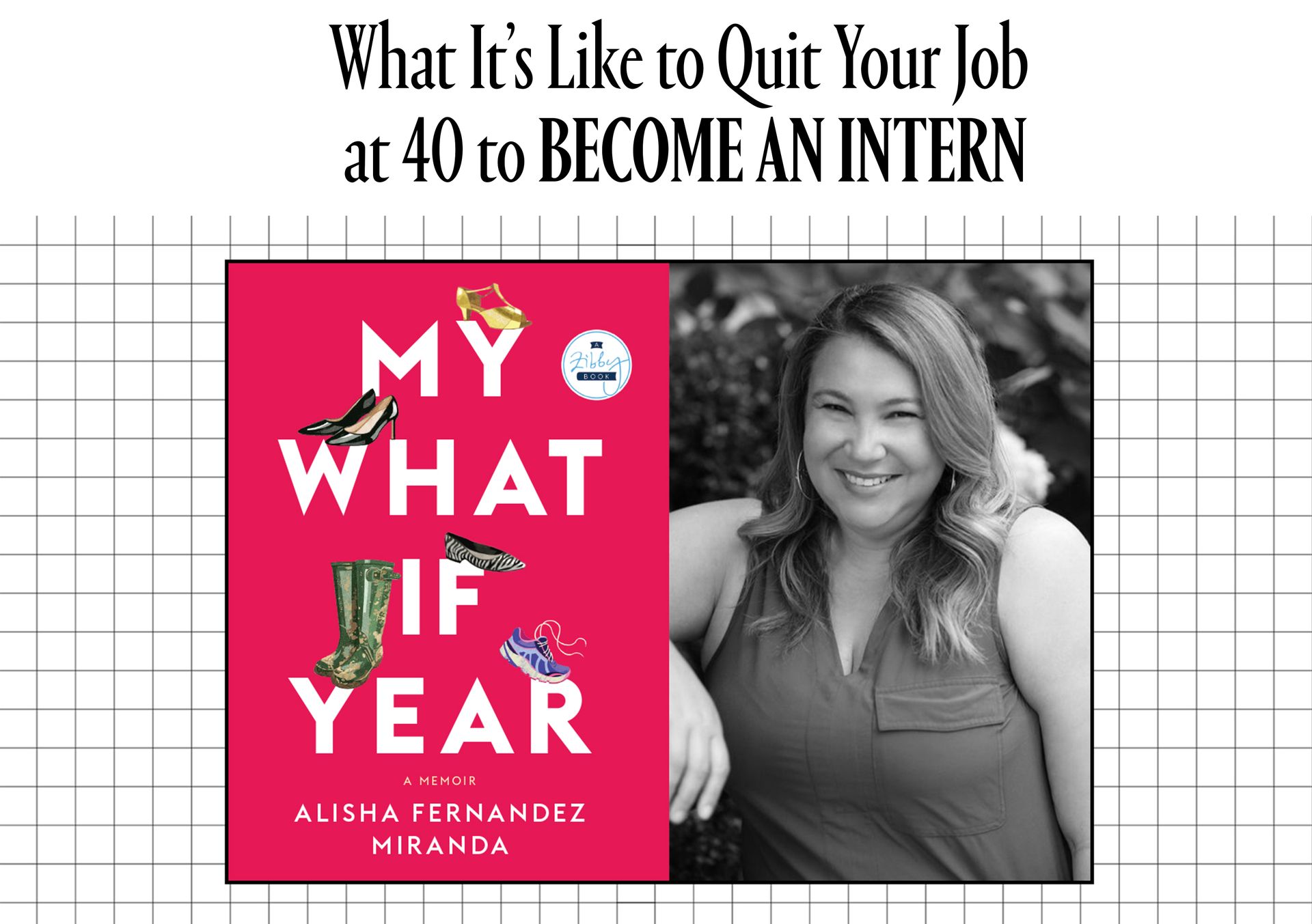 A copy of the cover of the book "My What If Year" next to a headshot of the author