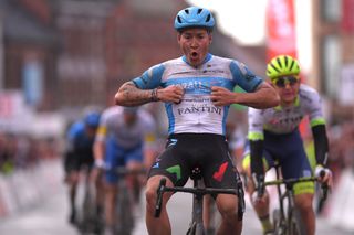 DOUR BELGIUM MARCH 03 Arrival Hugo Hofstetter of France and Team Israel StartUp Nation Celebration Aim De Gendt of Belgium and Team Circus Wanty Gobert during the 52nd Grand Prix Le Samyn 2020 a 2019km race from Quaregnon to Dour GPSamyn gpsamyn on March 03 2020 in Dour Belgium Photo by Luc ClaessenGetty Images