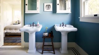 Blue bathroom with two rectangular sinks