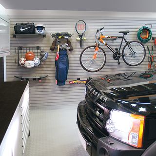 garage with car and bicycle