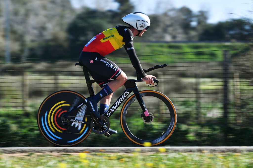 TAVIRA PORTUGAL FEBRUARY 19 Yves Lampaert of Belgium and Team QuickStep Alpha Vinyl sprints during the 48th Volta Ao Algarve 2022 Stage 4 a 322km individual time trial from Vila Real de Santo Antnio to Tavira VAlgarve2022 on February 19 2022 in Tavira Portugal Photo by Luc ClaessenGetty Images