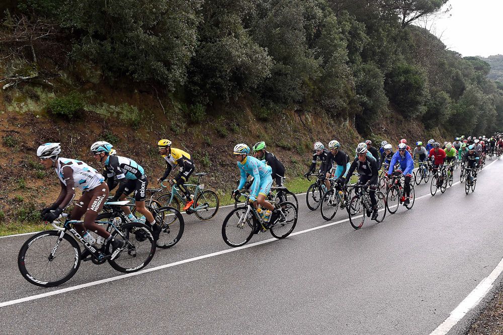 The peloton rides during stage 2 of Volta a Catalunya.