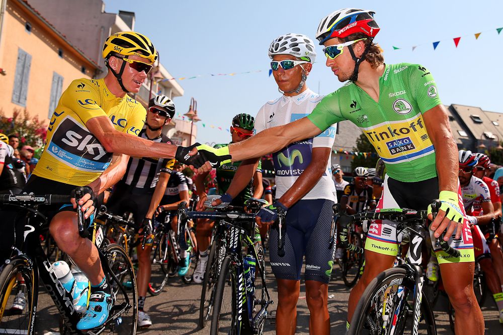 Chris Froome and Peter Sagan greet each other at the start of stage 12.