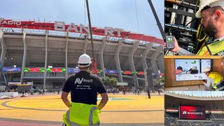 A collage of photos of the installation of SDVoE technology in a Mexican futbol stadium. 