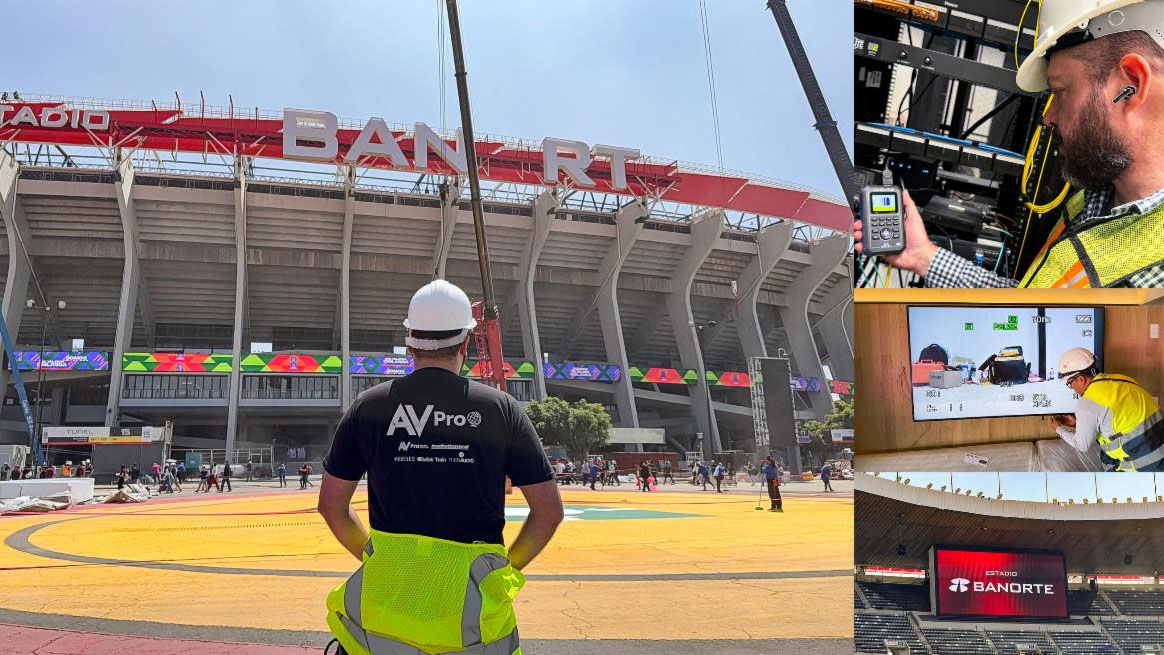 A collage of photos of the installation of SDVoE technology in a Mexican futbol stadium. 
