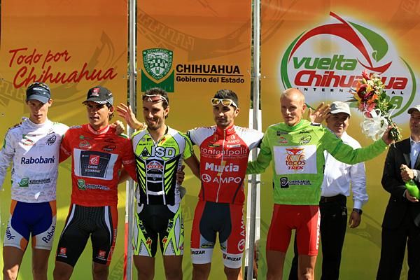 The stage one podium, with overall leader Michael Rasmussen on the right.