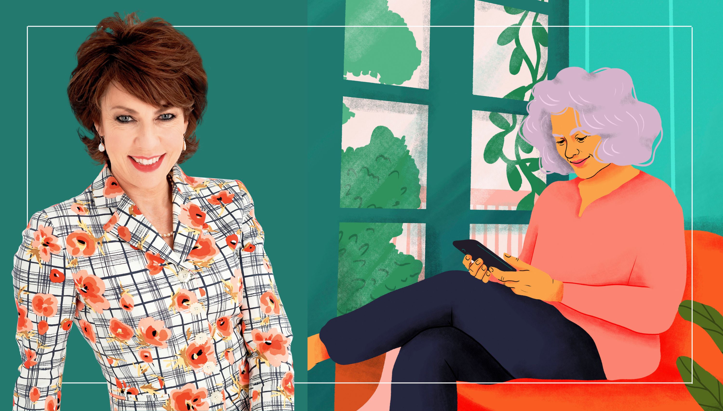 A split image shows a headshot of columnist Kathy Lette (left) and an illustration of a retired woman scrolling on her phone (right)
