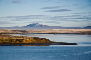 Golden early morning light falls over the landscape surrounding Estancia, East Falkland