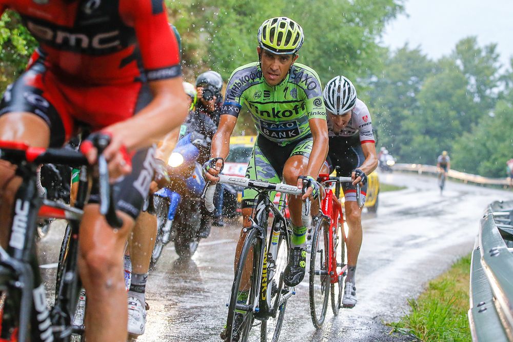 Alberto Contador rides in the rain during stage 12.