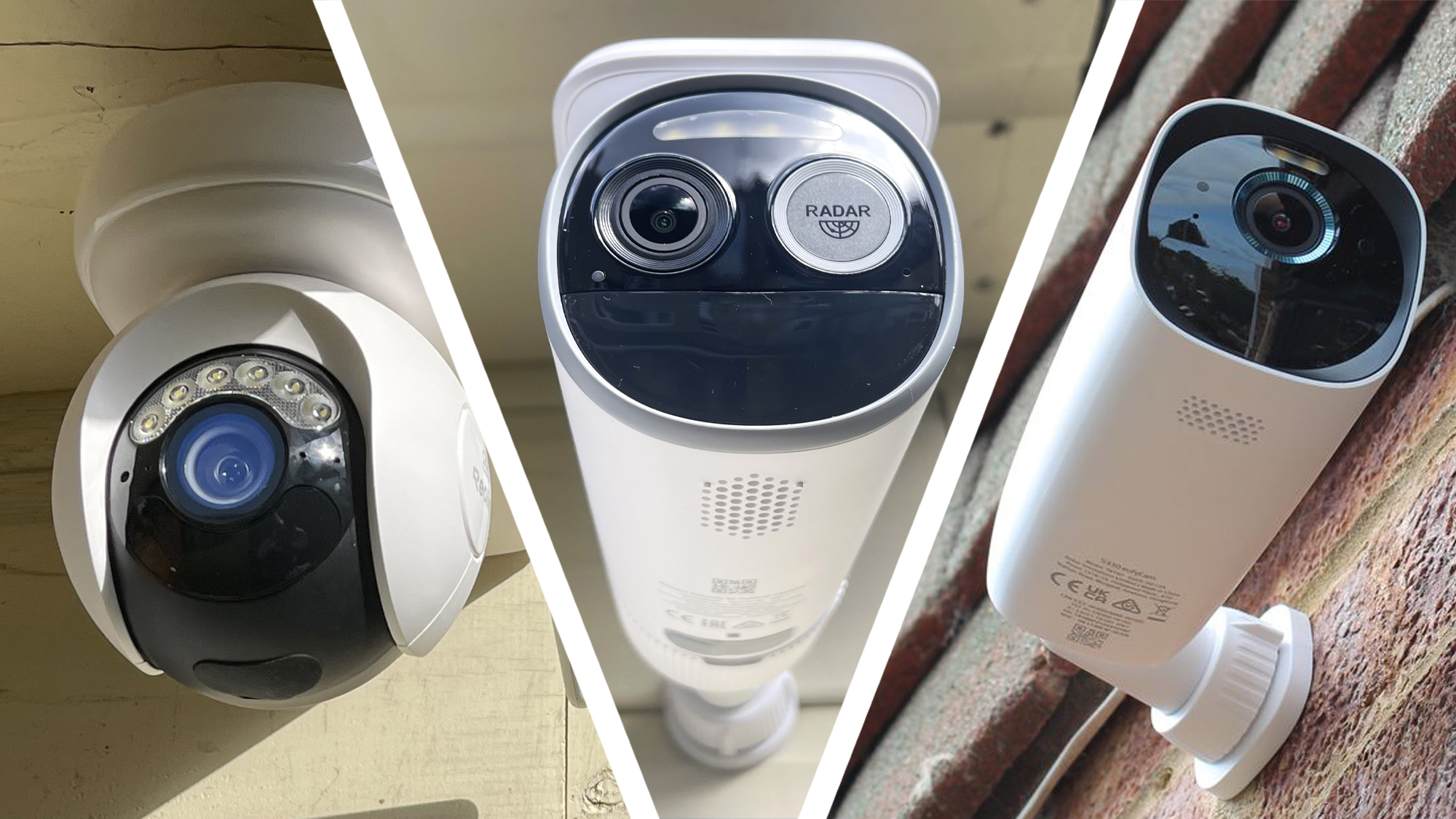 Split image of three home security cameras installed outdoors