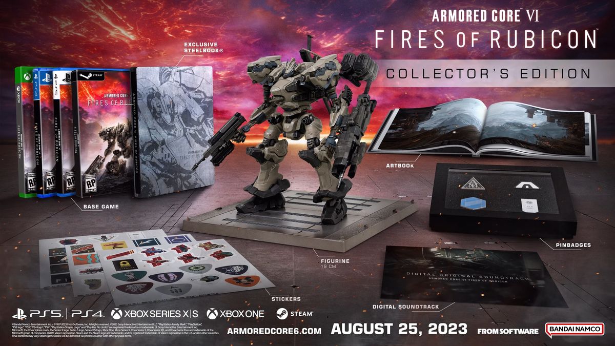 Armored Core 6 collector's edition featuring a giant mecha statue