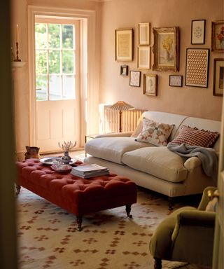 Nostalgia-core living room with Rowen & Wren sofa, patchwork cushions and a gallery wall