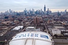 The Chicago skyline with the United Center. 