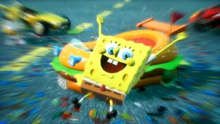 SpongeBog SquarePants jumps for joy in front of his burger car in Sonic Racing: CrossWorlds