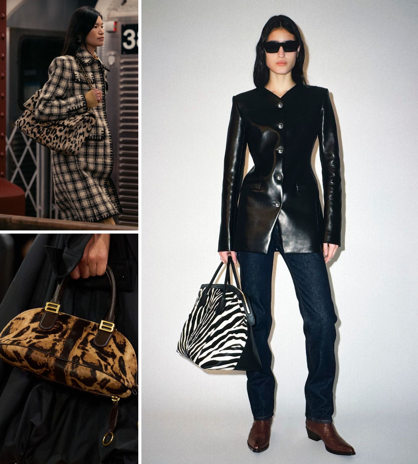 models carrying animal print bags by balenciaga, chanel and khaite