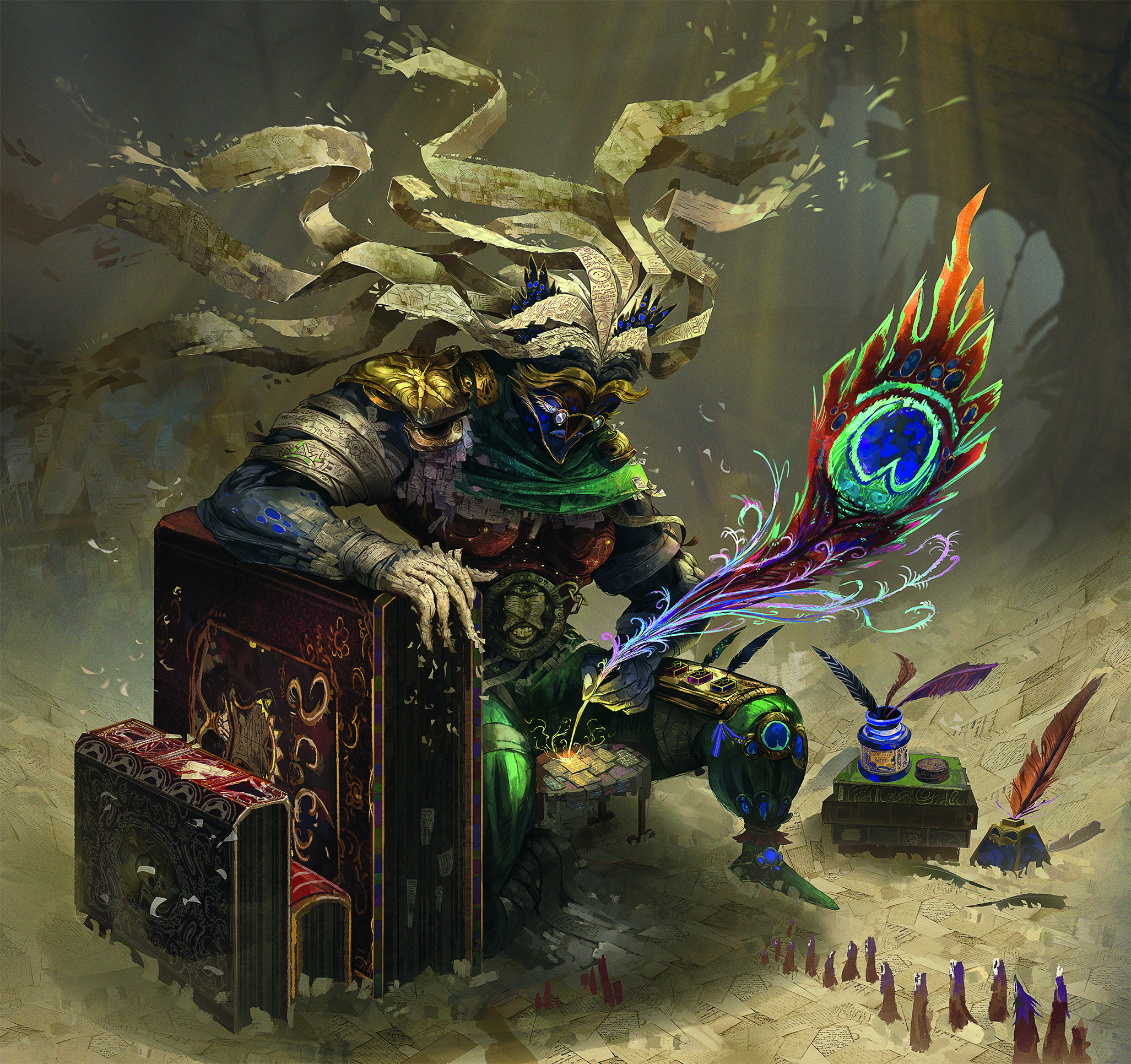 2D art; a character with wild hair writes with a peacock feather quill