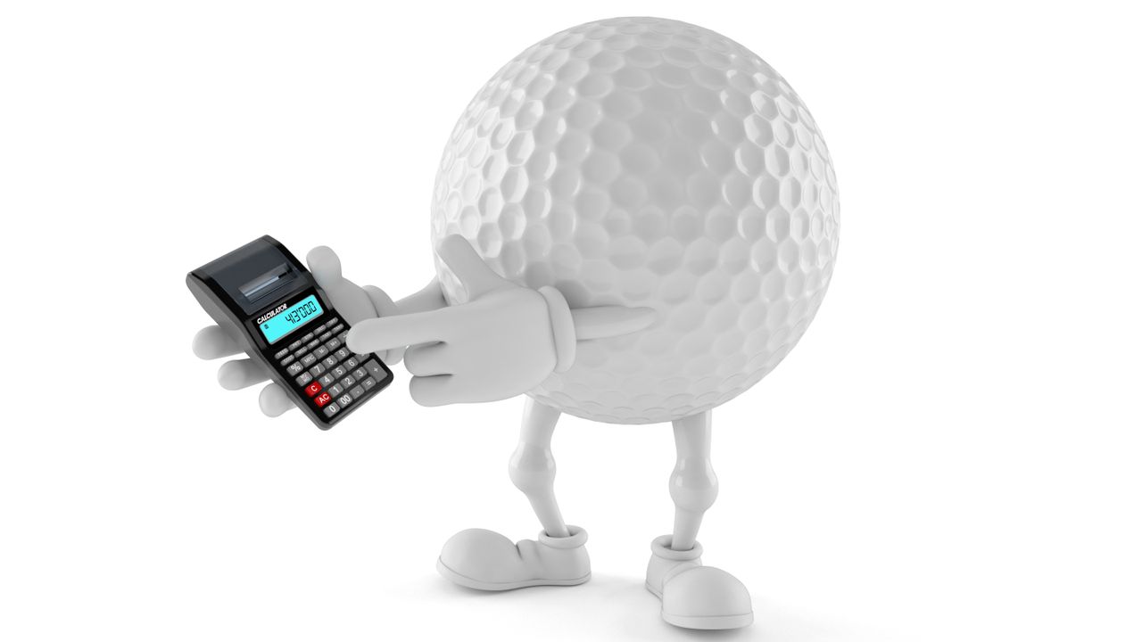 Golf ball figure holding a calculator