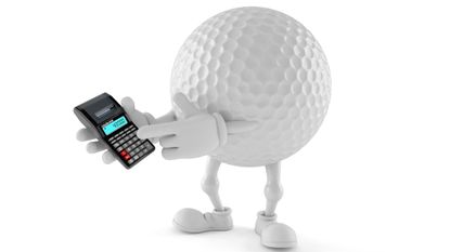 Golf ball figure holding a calculator