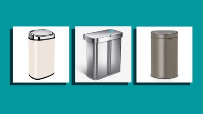 Three of the best kitchen bins for 2022 on a blue background