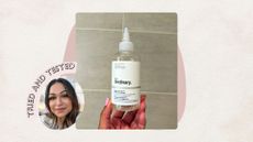 The Ordinary Glycolic Acid 7% Exfoliating Toner next to a headshot of Aleesha Badkar with a badge saying 'tried and tested'