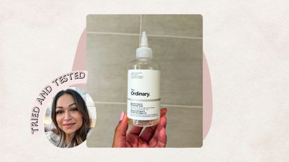 The Ordinary Glycolic Acid 7% Exfoliating Toner next to a headshot of Aleesha Badkar with a badge saying 'tried and tested'