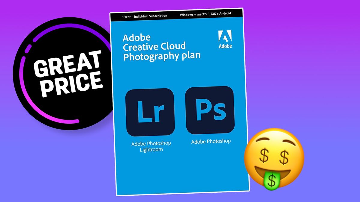 Great price roundel next to Adobe Creative Cloud Photography plan graphic, next to Money-Mouth Face emoji 