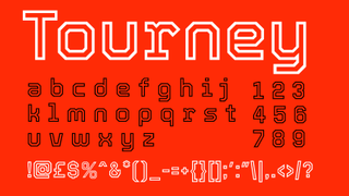 White and black text displaying the decorative font Tourney on a red background.