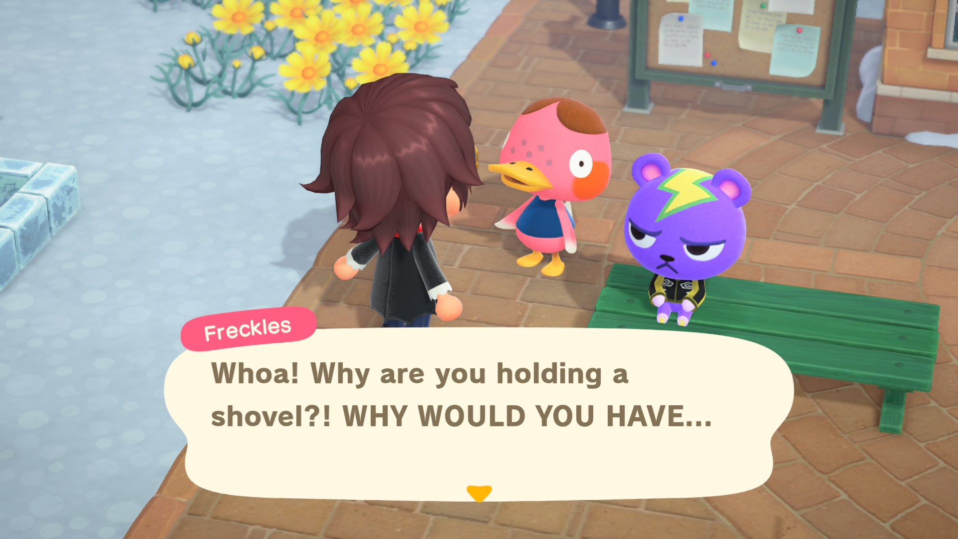 Freckles gets nervous that we have a shovel in Animal Crossing: New Horizons