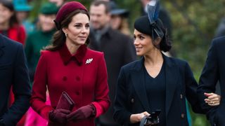 Catherine, Duchess of Cambridge and Meghan, Duchess of Sussex attend Christmas Day Church service at Church of St Mary Magdalene on the Sandringham estate on December 25, 2018 in King's Lynn, England.