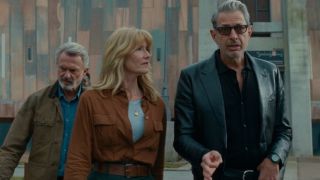 Sam Neill and Laura Dern follow Jeff Goldblum on a walk in Jurassic World Dominion.