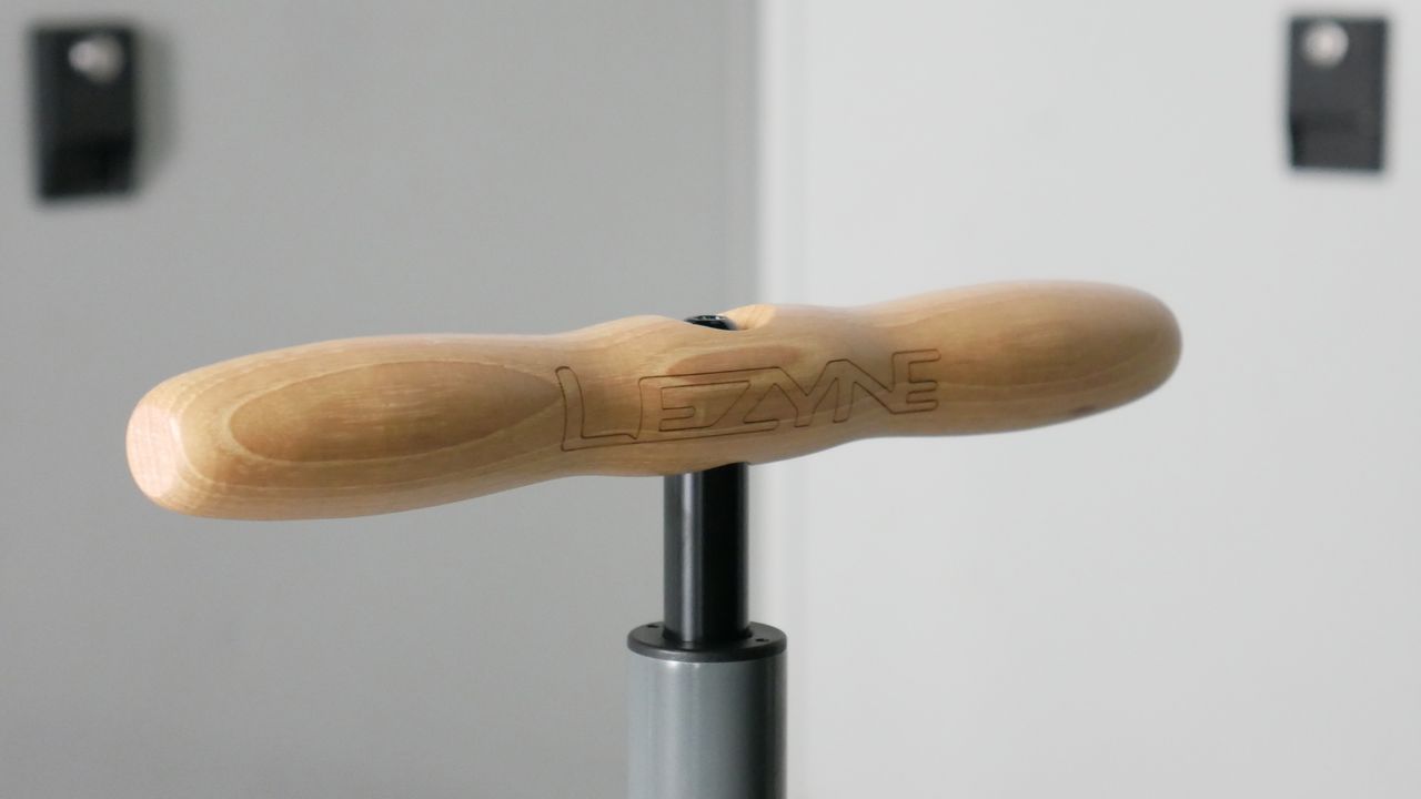 Detailed shot of the Lezyne bike track pumps handle, which is a nicely finished wood