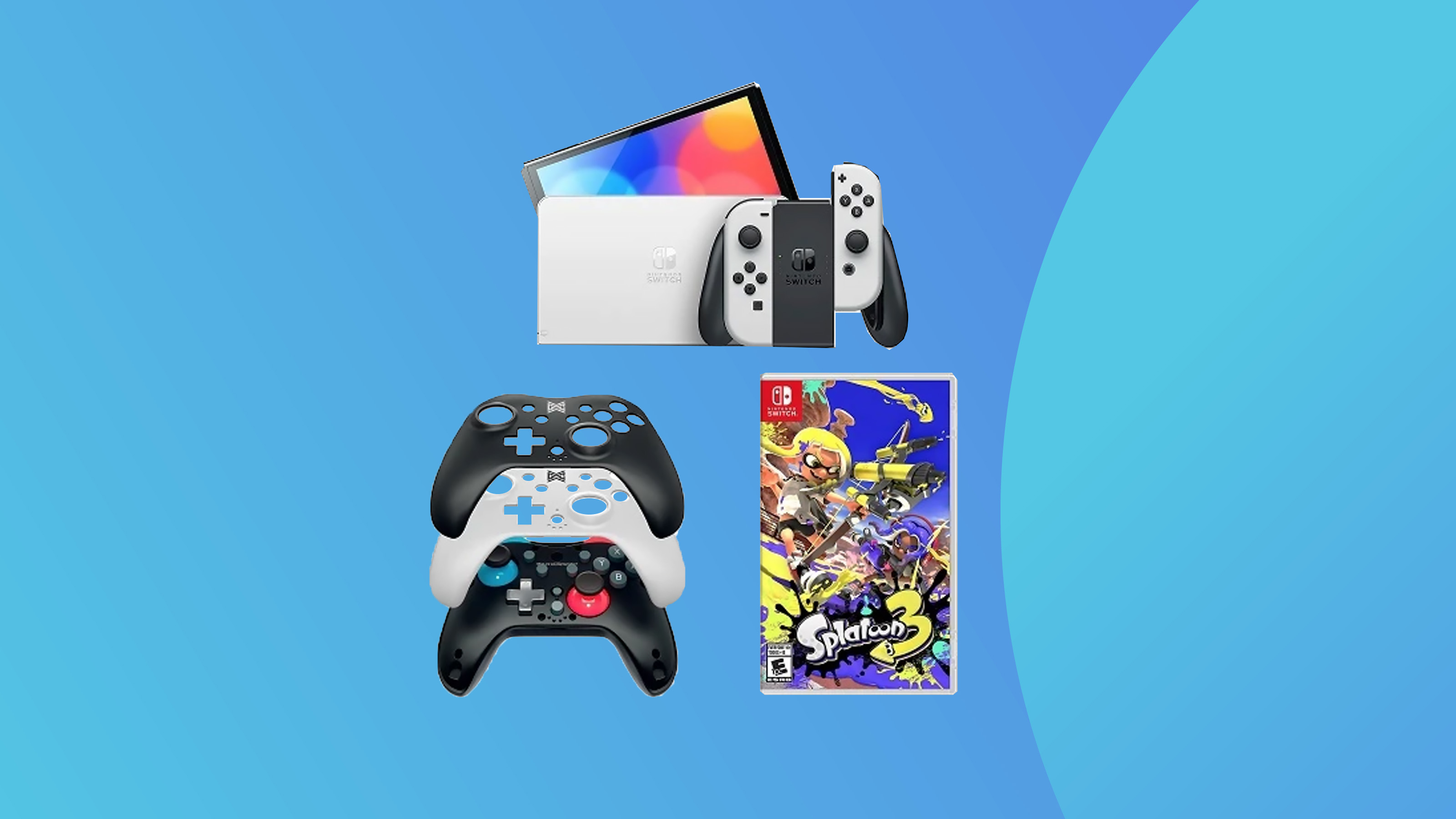 Een productfoto van de Switch Oled en accessoires op een kleurrijke achtergrond