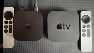 Apple TV 4K Gen 2 and Gen 3 side by side against black background