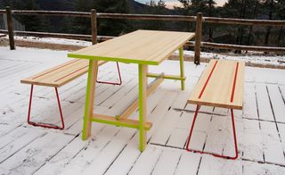 pinewood table and benches