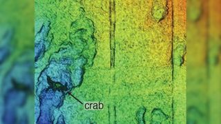 A close-up of the map with a crab on the seafloor