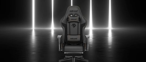 AndaSeat Jungle 2 gaming chair in a black room with large vertical neon lights shining behind it